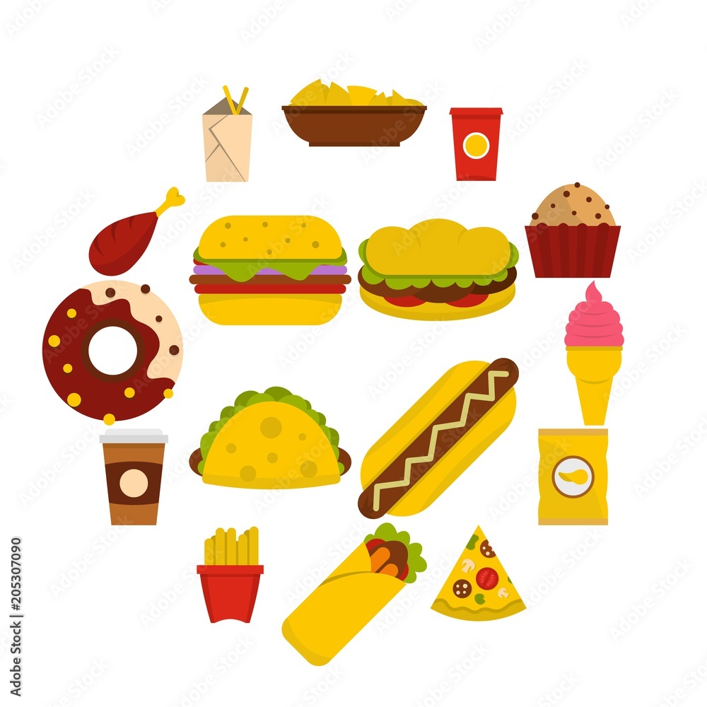 Fast food cons set in flat style isolated vector illustration Stock ...