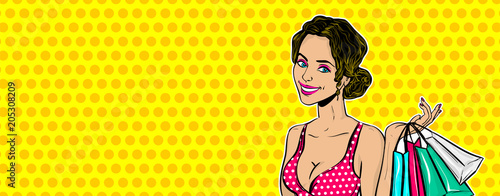 White woman pop art. Caucasian girl hold shopping bag. Comic book cartoon female character. Wow smiling face vector illustration. Vintage halftone background. Happy summer sale, spring, autumn sale.