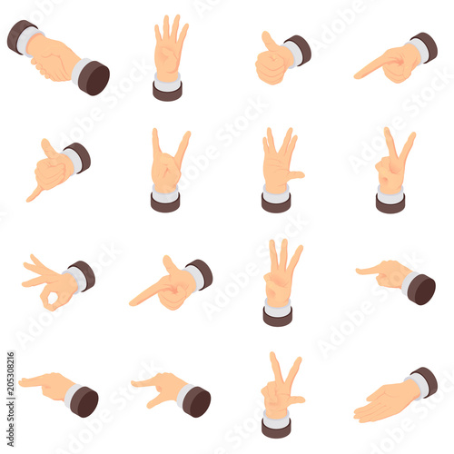Hand gesture palm pointer icons set. Isometric illustration of 16 hand gesture palm pointer vector icons for web