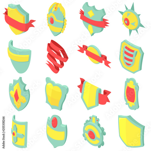 Shield badge icons set. Isometric illustration of 16 shield badge vector icons for web