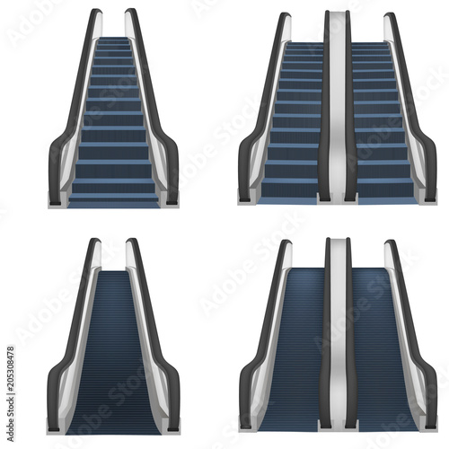Escalator elevator stairs lift mockup set. Realistic illustration of 4 escalator elevator stairs lift mockups for web