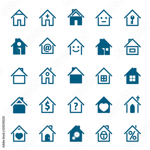 Set of blue house icon. Vector Illustration.