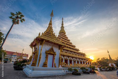 Colorful light blue evening. Wat Phra That Kaen Nakorn or Wat Nong Wang. It is a beautiful temple in Khon Kaen. It is attractive to tourists to visit the beauty. In the Northeast of Thailand.