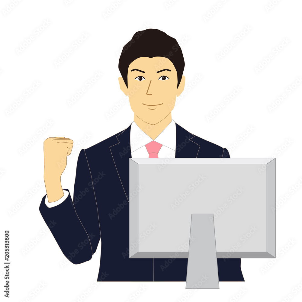 パソコンとガッツポーズのビジネスマンのイラスト Stock Illustration Adobe Stock
