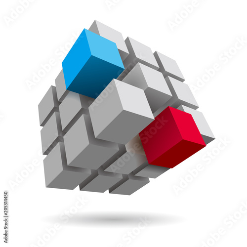 Cube assembled of blocks,puzzle blocks, two of which is blue and red.