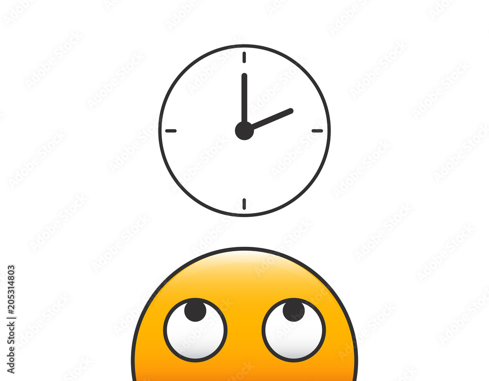 Emoticon character person head looking at time. Clock icon. Vector