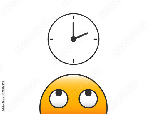 Emoticon character person head looking at time. Clock icon. Vector illustration with transparent background for concepts of time, schedule, deadline, business appointment etc.