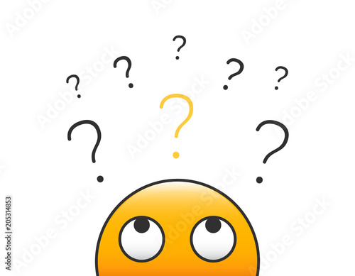 Emoticon character person head looking up at a stack of question marks. Vector illustration design with transparent background for curiosity, doubt, uncertainty and problem solving concepts.