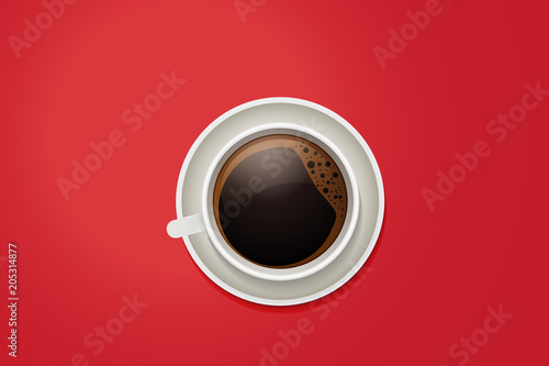 Top view of a coffee mug. Vector cup of coffee on a vivid red desktop background.