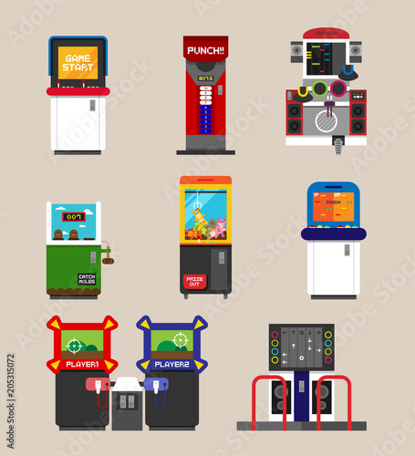game center machines vector flat design illustration set