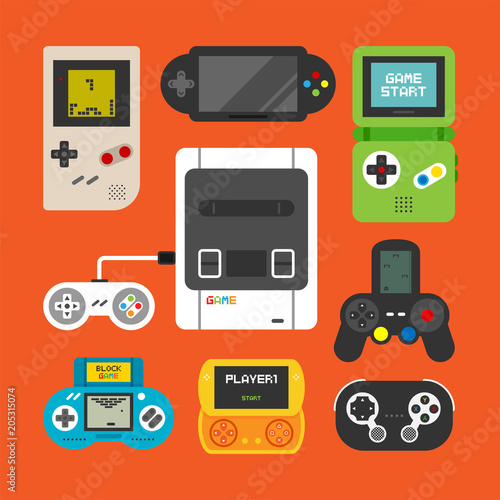 small game machines and controllers vector flat design illustration set