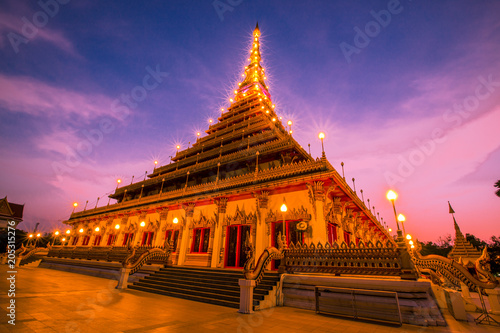 Colorful light blue evening. Wat Phra That Kaen Nakorn or Wat Nong Wang. It is a beautiful temple in Khon Kaen. It is attractive to tourists to visit the beauty. In the Northeast of Thailand. © bangprik