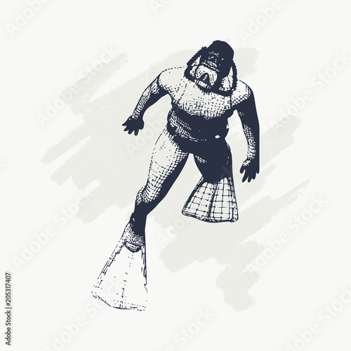 Silhouette of diver. Icon diver. The concept of sport diving. Vintage engraved illustration