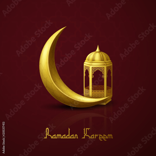 Ramadan Kareem greeting background with crescent moon and arabic lantern