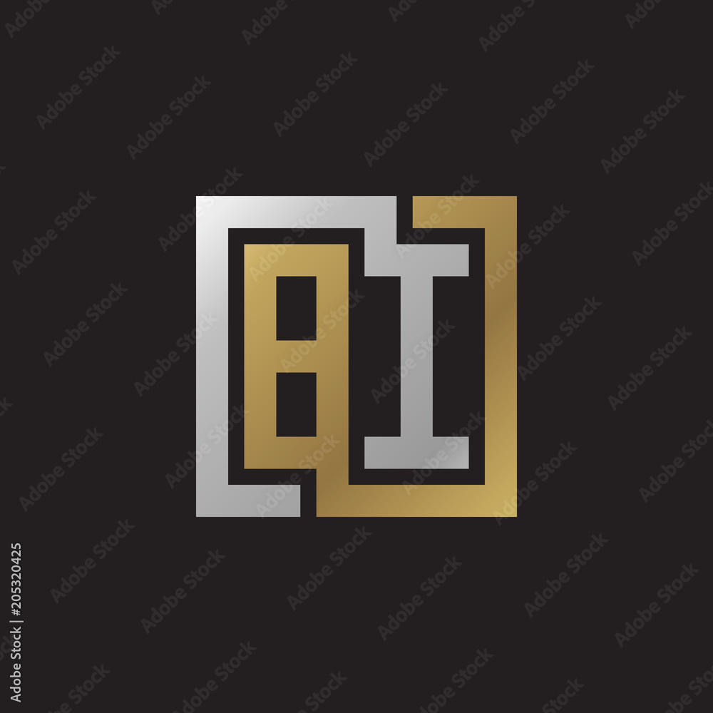 Initial letter BI, looping line, square shape logo, silver gold color on black background Initial letter BI, looping line, square shape logo, silver gold color on black background