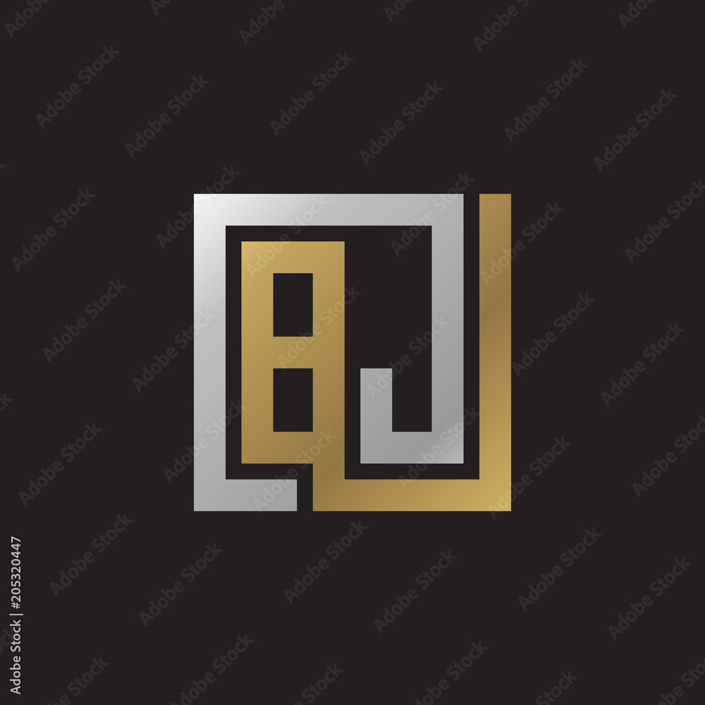 Initial letter BJ, looping line, square shape logo, silver gold color on black background Initial letter BJ, looping line, square shape logo, silver gold color on black background