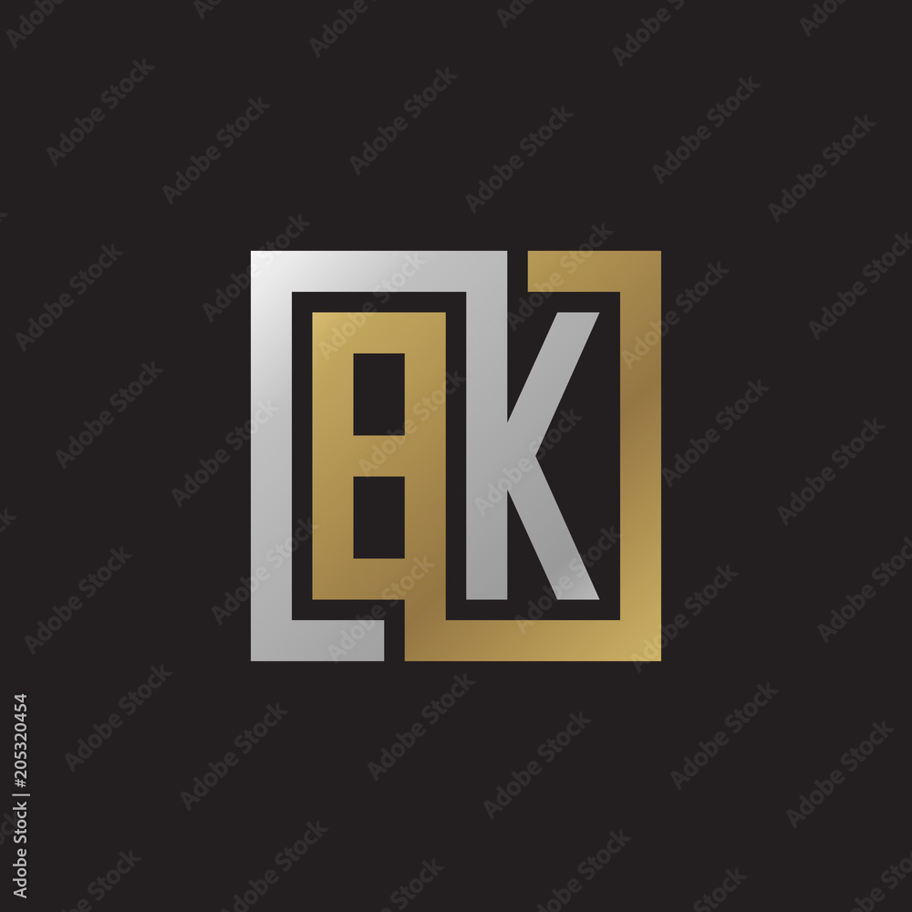 Initial letter BK, looping line, square shape logo, silver gold color on black background