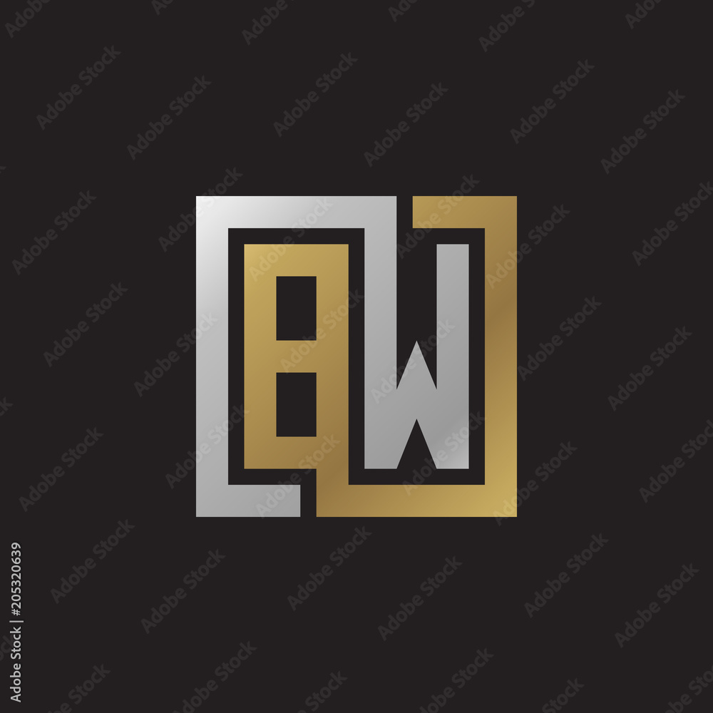 Initial letter BW, looping line, square shape logo, silver gold color on black background Initial letter BW, looping line, square shape logo, silver gold color on black background