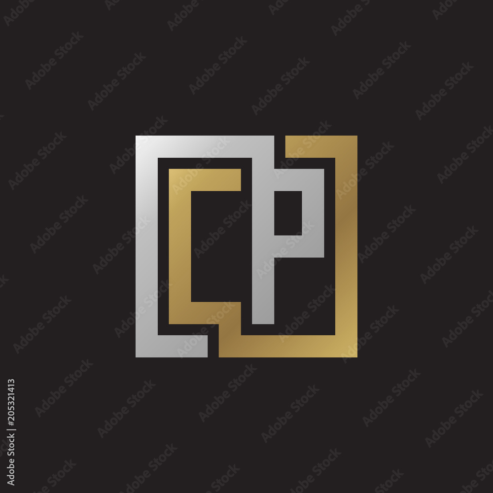 Initial letter CP, looping line, square shape logo, silver gold color on black background Initial letter CP, looping line, square shape logo, silver gold color on black background