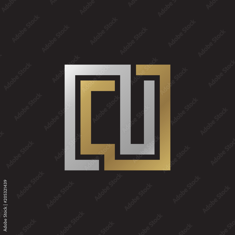 Initial letter CU, looping line, square shape logo, silver gold color on black background Initial letter CU, looping line, square shape logo, silver gold color on black background