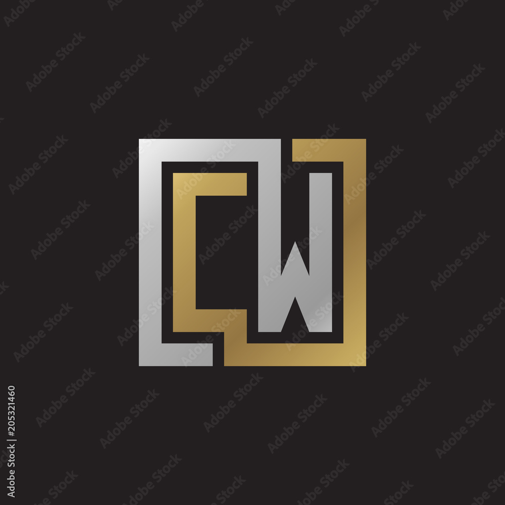 Initial letter CW, looping line, square shape logo, silver gold color on black background