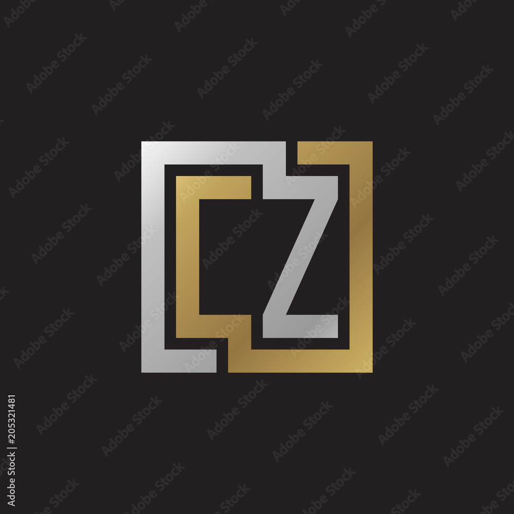 Initial letter CZ, looping line, square shape logo, silver gold color on black background Initial letter CZ, looping line, square shape logo, silver gold color on black background