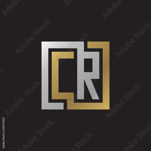 Initial letter CR, looping line, square shape logo, silver gold color on black background