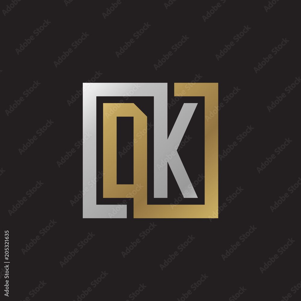 Initial letter DK, looping line, square shape logo, silver gold color on black background Initial letter DK, looping line, square shape logo, silver gold color on black background