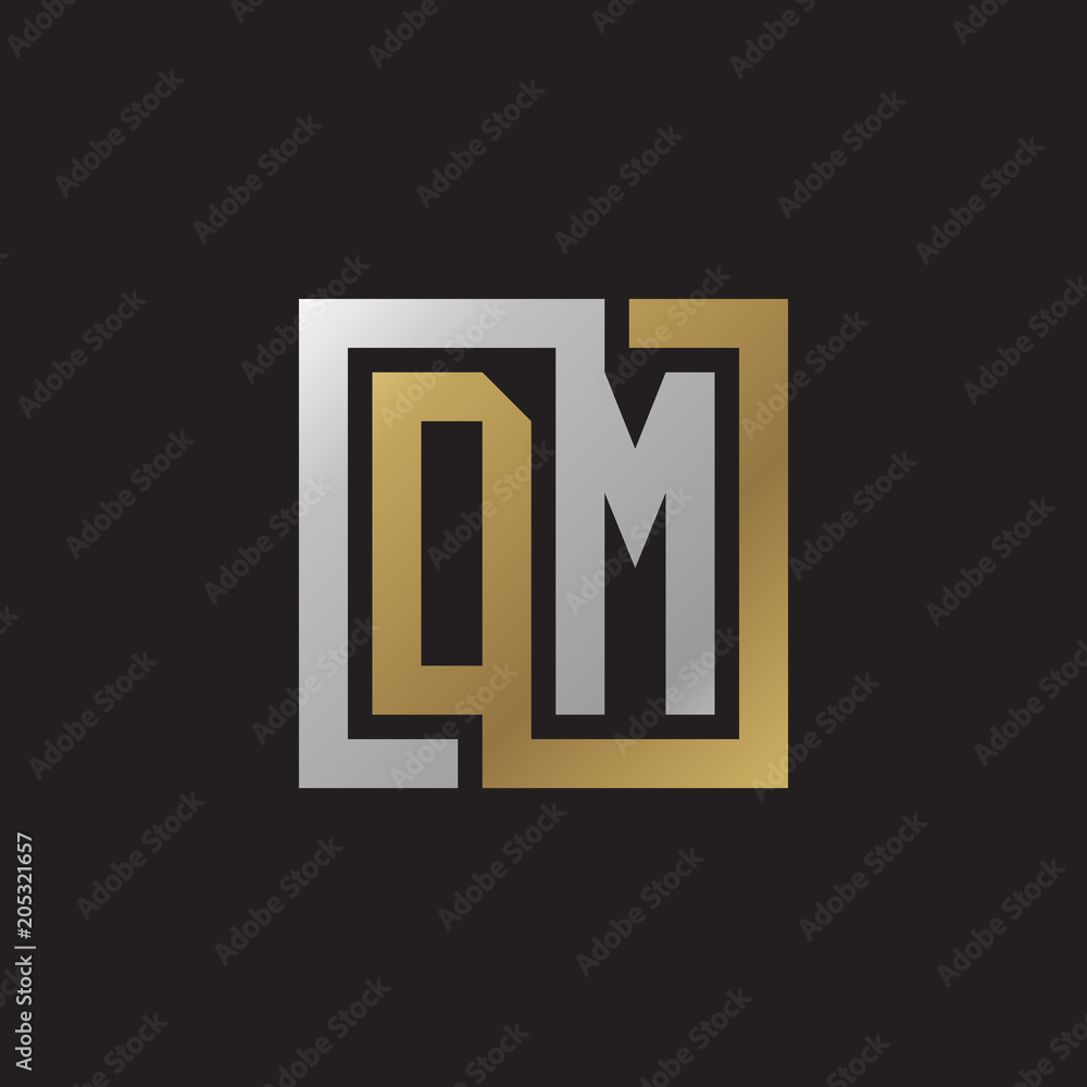 Initial letter DM, looping line, square shape logo, silver gold color on black background Initial letter DM, looping line, square shape logo, silver gold color on black background