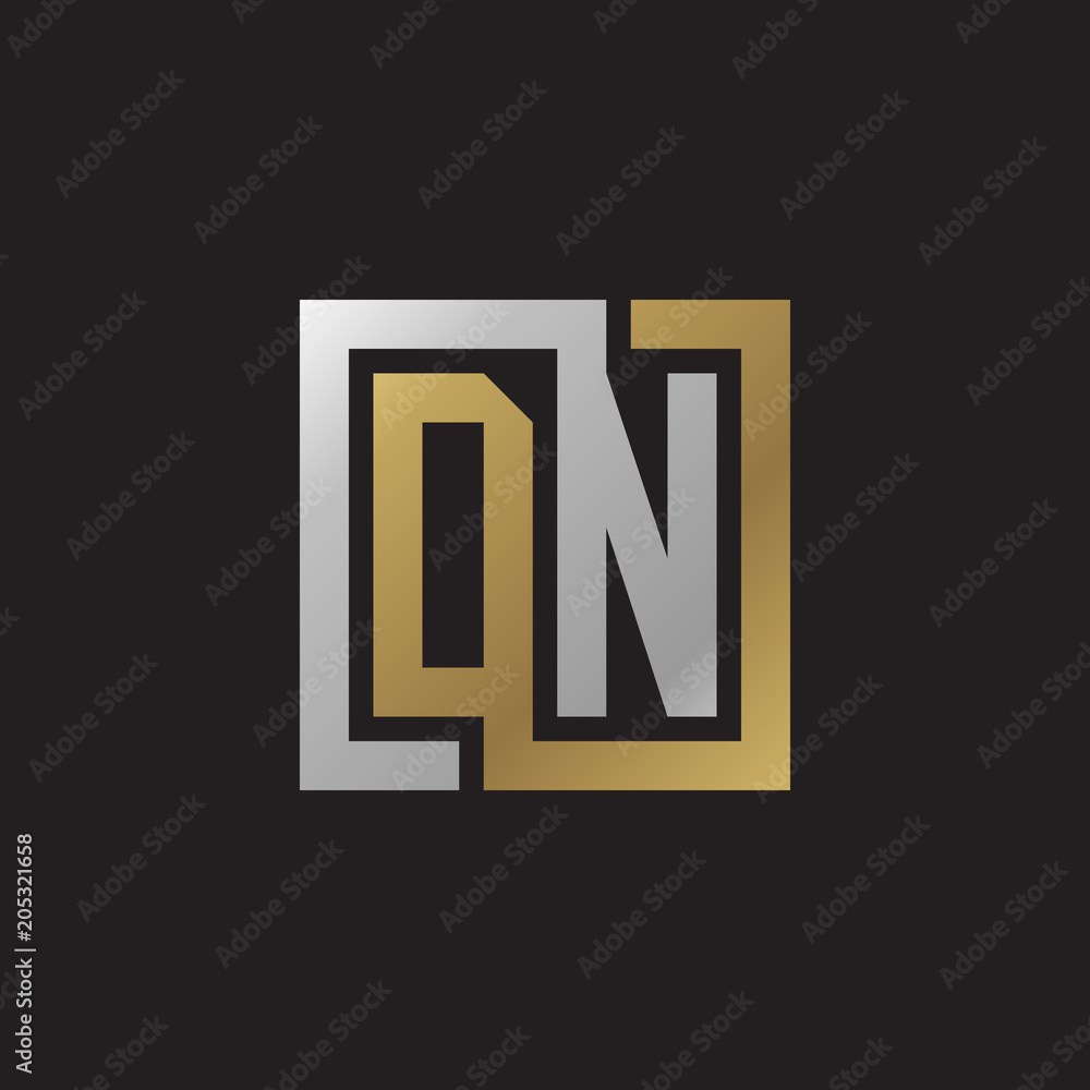 Initial letter DN, looping line, square shape logo, silver gold color on black background Initial letter DN, looping line, square shape logo, silver gold color on black background