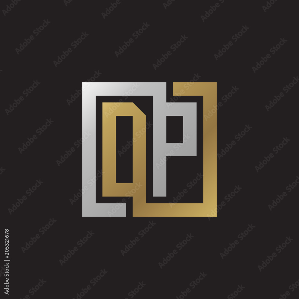 Initial letter DP, looping line, square shape logo, silver gold color on black background Initial letter DP, looping line, square shape logo, silver gold color on black background