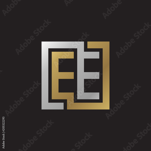 Initial letter EE, looping line, square shape logo, silver gold color on black background