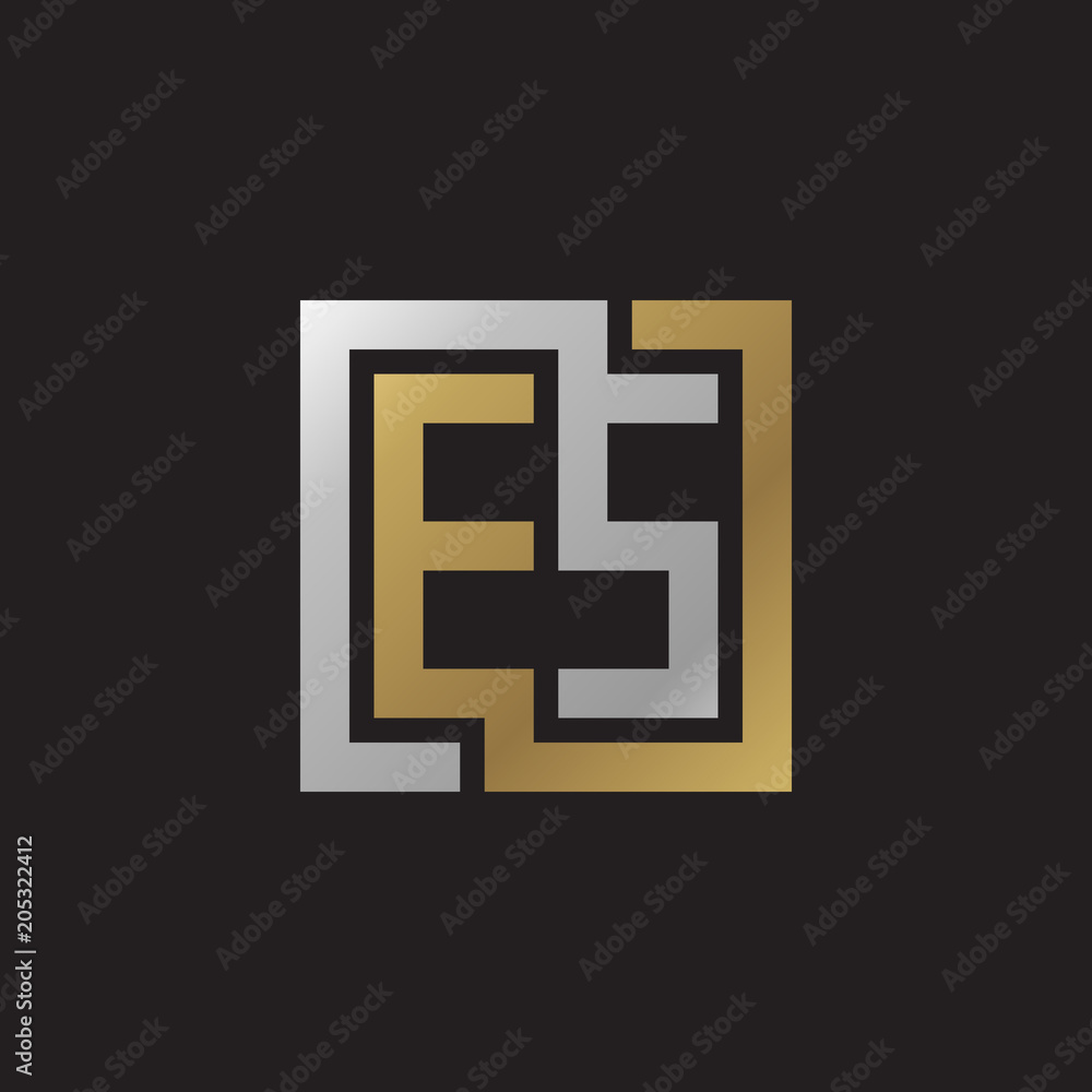 Initial letter ES, looping line, square shape logo, silver gold color on black background Initial letter ES, looping line, square shape logo, silver gold color on black background