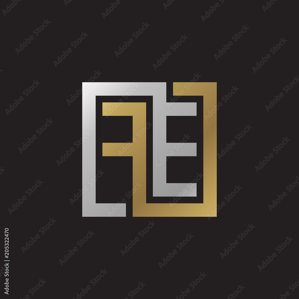 Initial letter FE, looping line, square shape logo, silver gold color on black background Initial letter FE, looping line, square shape logo, silver gold color on black background
