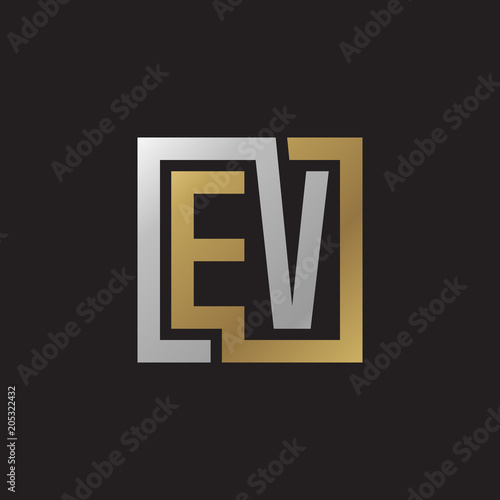 Initial letter EV, looping line, square shape logo, silver gold color on black background