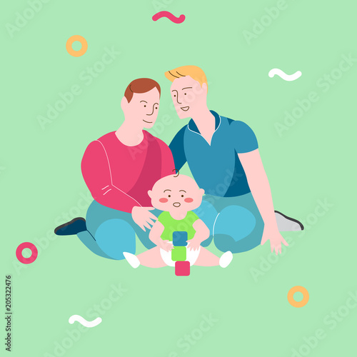 Illustration template vector with happy same-sex gay family with child