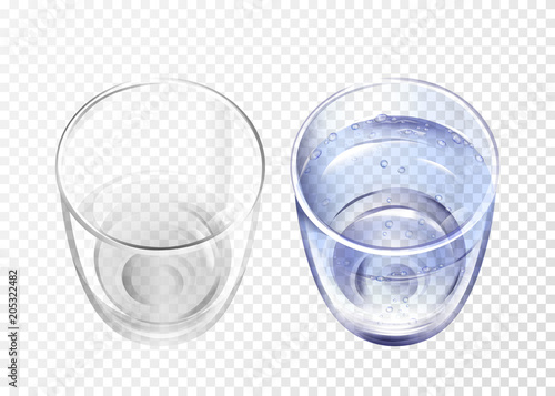 Vector realistic glass empty and cup with blue water on transparent background. 3d glassware for water, juice, bar beverage and soft, alcohol drink. Fragile crockery mockup restaurant cafe top view
