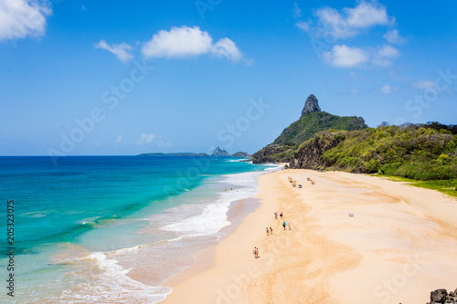 Beautiful aerial view of Cacimba do Padre beach and Morro do Pico at Fernando de Noronha island  Pernambuco  Brazil