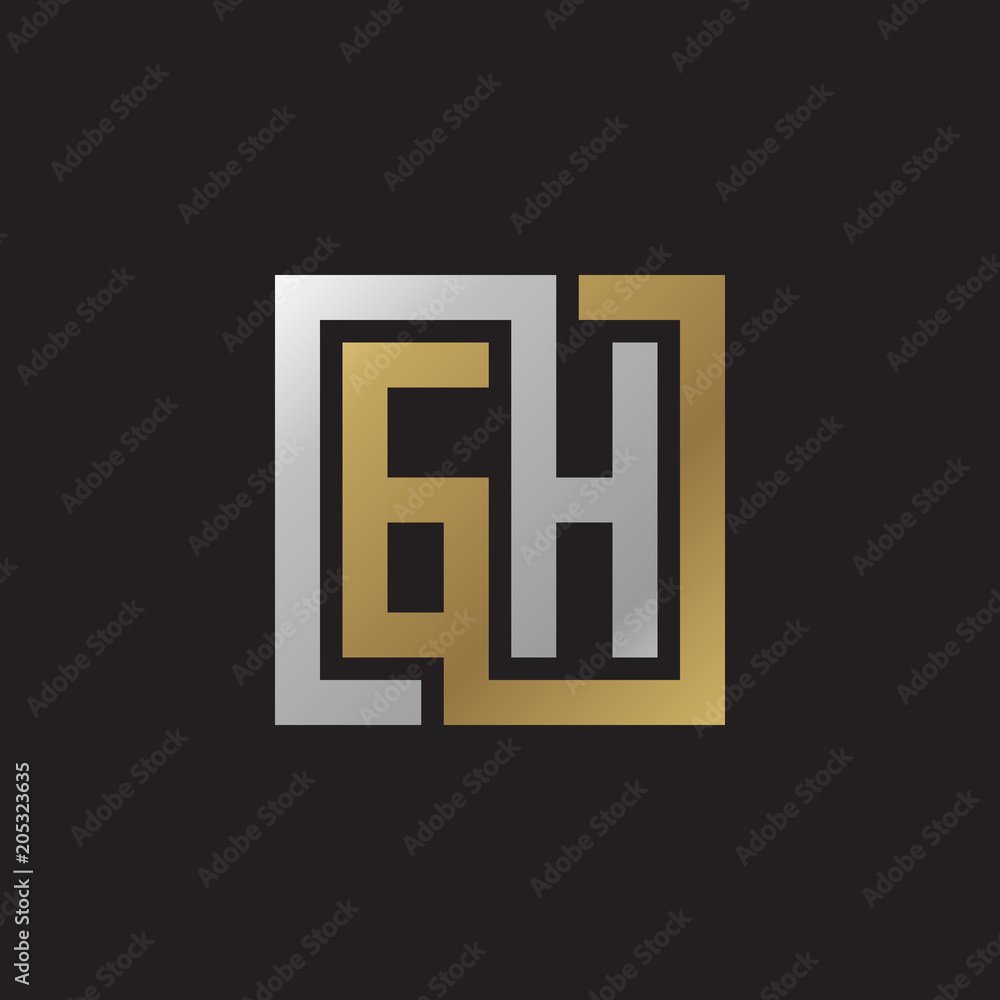 Initial letter GH, looping line, square shape logo, silver gold color on black background Initial letter GH, looping line, square shape logo, silver gold color on black background