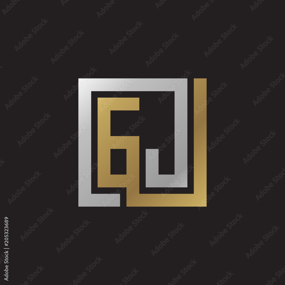 Initial letter GJ, looping line, square shape logo, silver gold color on black background Initial letter GJ, looping line, square shape logo, silver gold color on black background