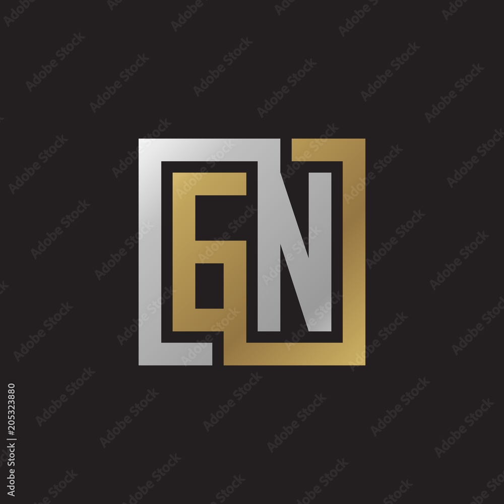 Initial letter GN, looping line, square shape logo, silver gold color on black background Initial letter GN, looping line, square shape logo, silver gold color on black background