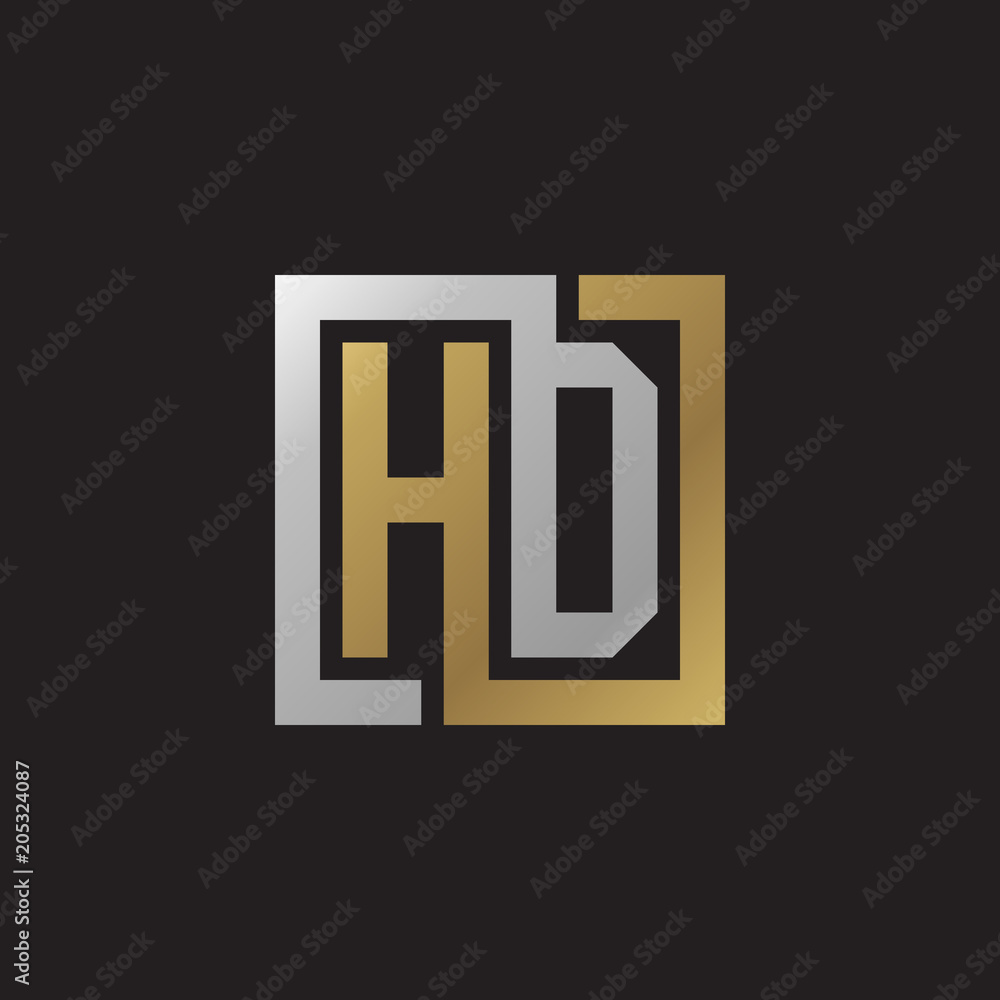 Initial letter HD, looping line, square shape logo, silver gold color on black background Initial letter HD, looping line, square shape logo, silver gold color on black background