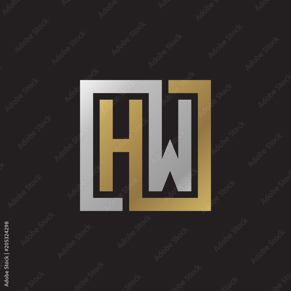 Initial letter HW, looping line, square shape logo, silver gold color on black background Initial letter HW, looping line, square shape logo, silver gold color on black background