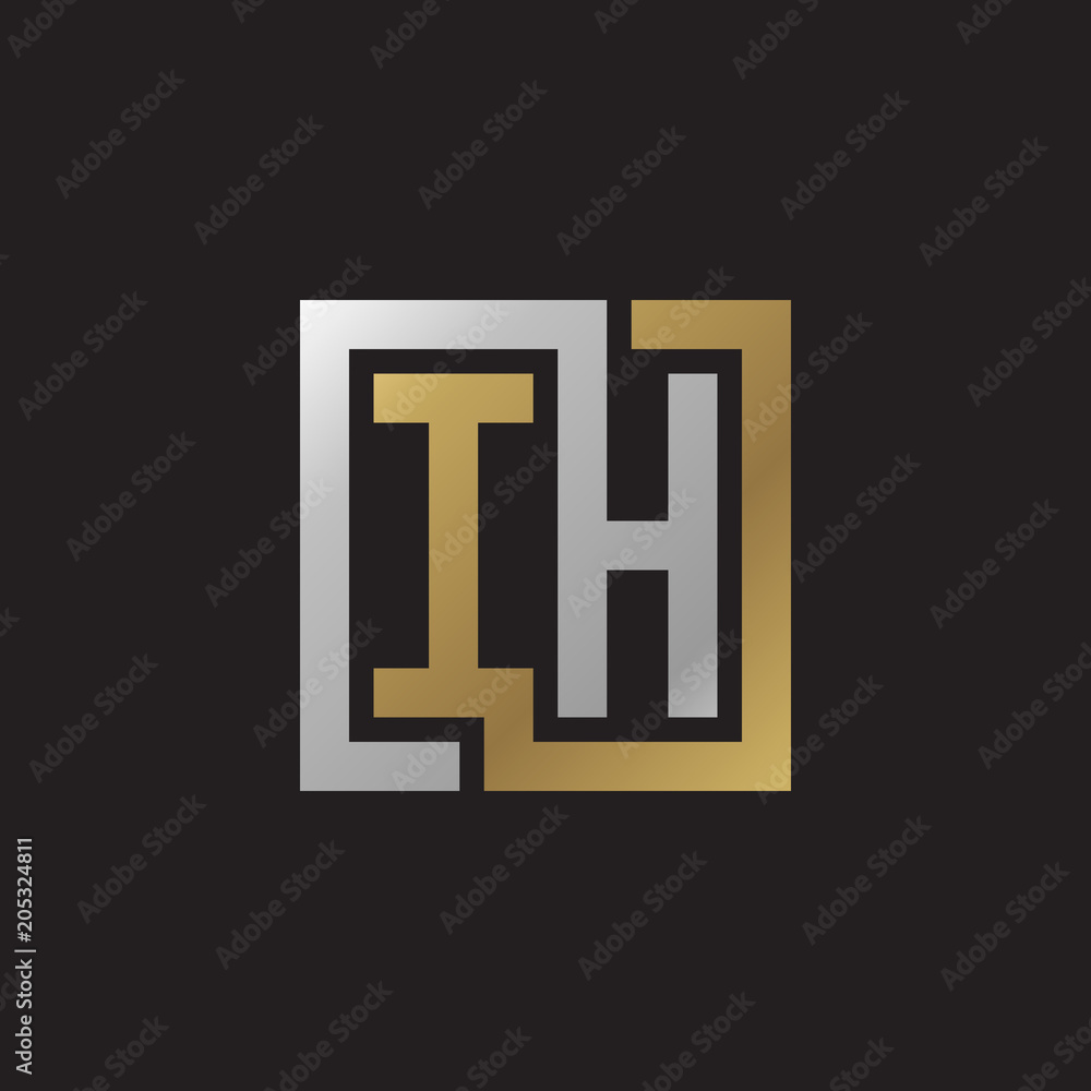 Initial letter IH, looping line, square shape logo, silver gold color on black background Initial letter IH, looping line, square shape logo, silver gold color on black background
