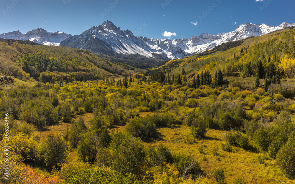 Autumn color leads to Mount Sneffels and San Juan Mountains in Autumn, outside Ridgway, Colorado