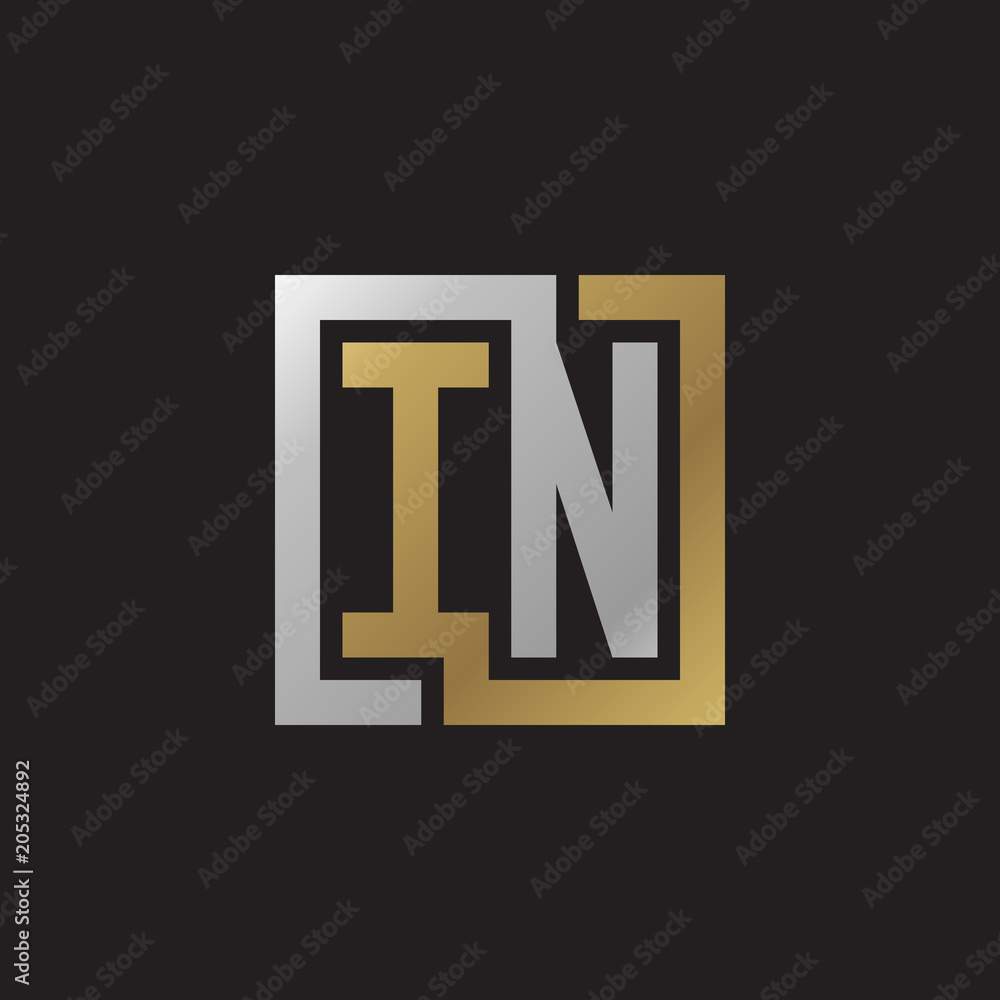 Initial letter IN, looping line, square shape logo, silver gold color on black background Initial letter IN, looping line, square shape logo, silver gold color on black background