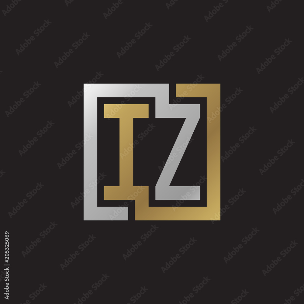 Initial letter IZ, looping line, square shape logo, silver gold color on black background Initial letter IZ, looping line, square shape logo, silver gold color on black background