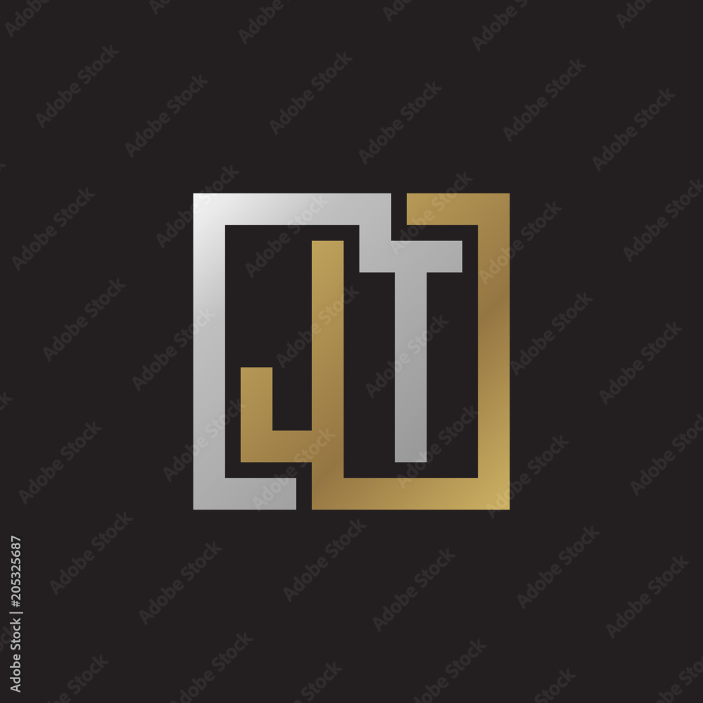 Initial letter JT, looping line, square shape logo, silver gold color on black background Initial letter JT, looping line, square shape logo, silver gold color on black background