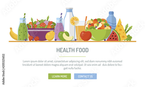 Flat design web banner. Health food. Vector illustration for web design, marketing, graphic design.