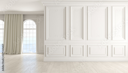 Classic empty interior with white wall, wood floor, window and curtain.